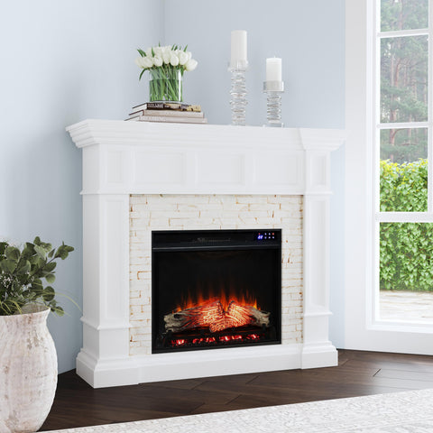 Image of Corner-convertible electric fireplace with faux stone surround Image 1