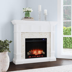 Corner-convertible electric fireplace with faux stone surround Image 1