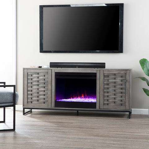 Image of Gray TV stand with color changing fireplace Image 1