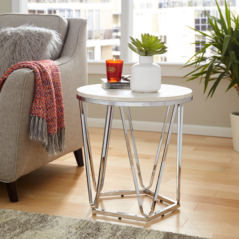 Image of Round side table with faux travertine Image 1