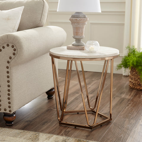 Image of Round side table with faux travertine Image 1