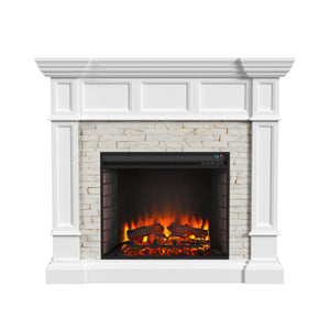 Corner-convertible electric fireplace with faux stone surround Image 3