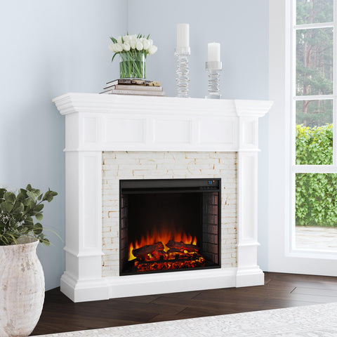 Image of Corner-convertible electric fireplace with faux stone surround Image 1