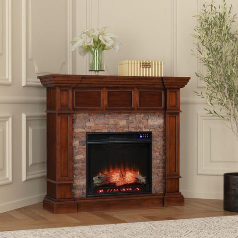 Image of Corner-convertible electric fireplace with faux stone surround Image 1