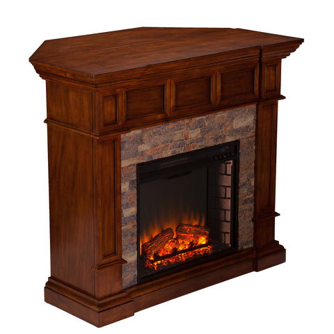 Image of Corner-convertible electric fireplace with faux stone surround Image 4