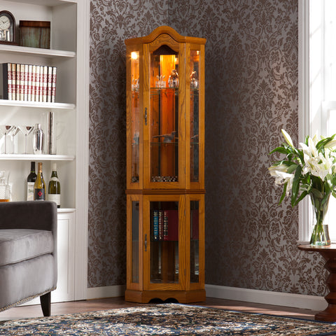 Image of Space saving, lighted corner design curio with mirrored back Image 1