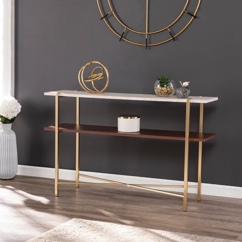 Image of Two-tier sofa table w/ faux travertine marble top Image 1