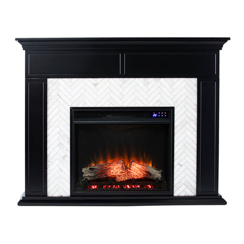 Image of Fireplace mantel w/ authentic marble surround in eye-catching herringbone layout Image 5