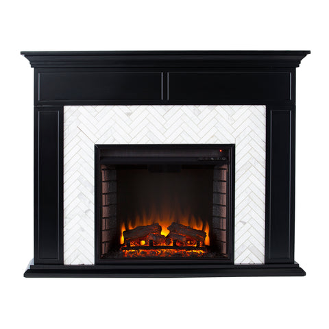 Image of Fireplace mantel w/ authentic marble surround in eye-catching herringbone layout Image 4