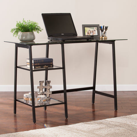 Image of Simple sawhorse desk w/ wide-beveled glass top Image 3