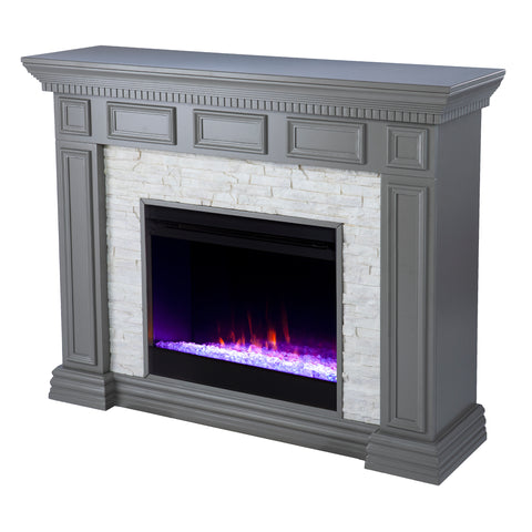 Image of Electric fireplace w/ color changing flames and faux stone surround Image 5