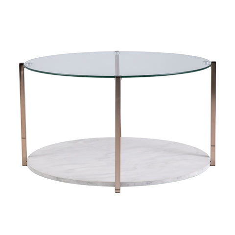 Image of Round glass-top coffee table w/ imitation stone shelf Image 5