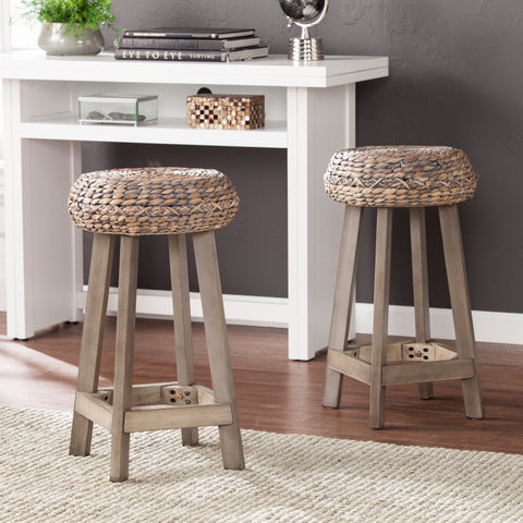 Image of Rutina Backless Round Water Hyacinth 24" Stools 2pc Set- Weathered Gray