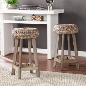 Rutina Backless Round Water Hyacinth 24" Stools 2pc Set- Weathered Gray