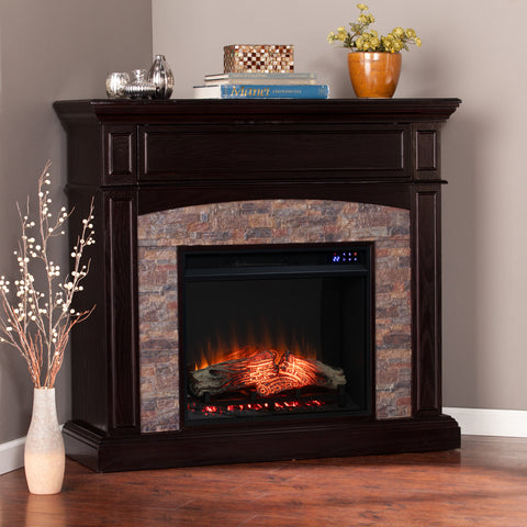 Image of Corner convertible fireplace w/ faux stone surround Image 3