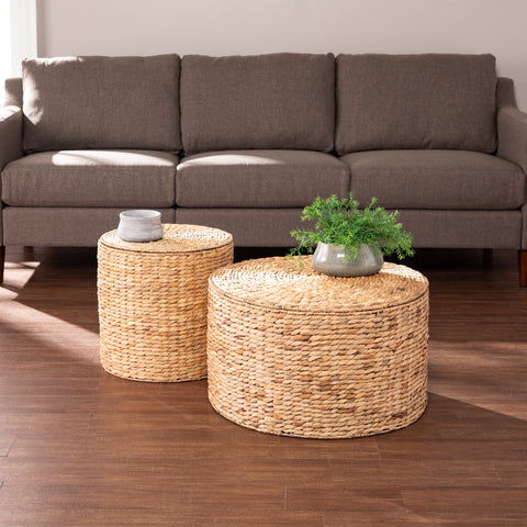 Image of Satalia Round Water Hyacinth Storage Tables – 2pc Set