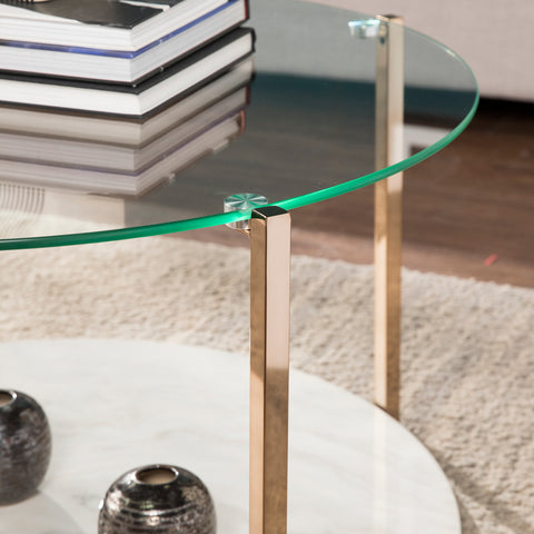 Image of Round glass-top coffee table w/ imitation stone shelf Image 2