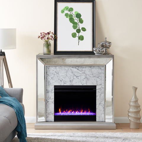 Image of Trandling Mirrored Faux Stone Fireplace with Color Changing Firebox