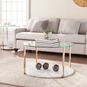 Round glass-top coffee table w/ imitation stone shelf Image 1