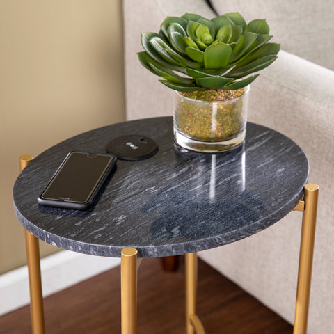 Image of Marble-top accent table w/ wireless charging station Image 3