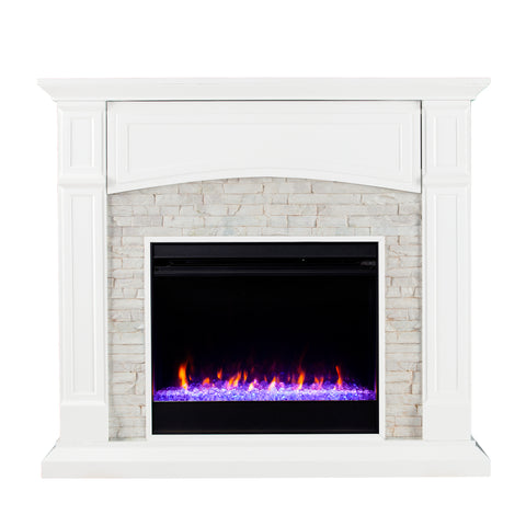 Image of Color changing fireplace w/ stacked faux stone surround Image 3