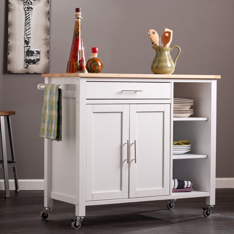 Image of Features butcher block, 1 drawer, 1 double-door cabinet with fixed shelf, 3 open fixed shelves, and 1 towel rack Image 3