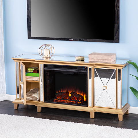 Image of Mirrored media fireplace with storage cabinets Image 4