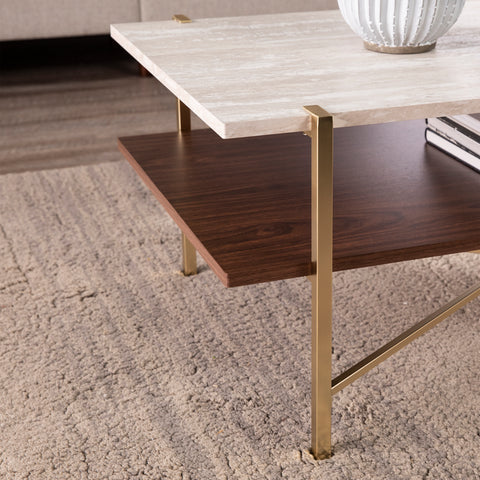 Image of Two-tier coffee table w/ faux travertine marble top Image 2