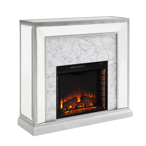 Image of Elegant mirrored fireplace mantel w/ faux stone surround Image 4