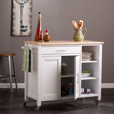 Image of Features butcher block, 1 drawer, 1 double-door cabinet with fixed shelf, 3 open fixed shelves, and 1 towel rack Image 1