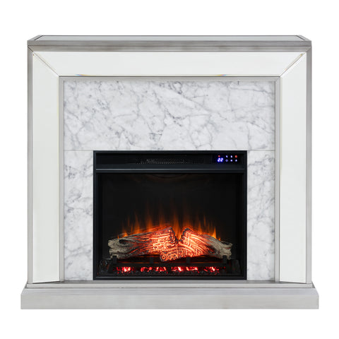 Image of Elegant mirrored fireplace mantel w/ faux stone surround Image 3