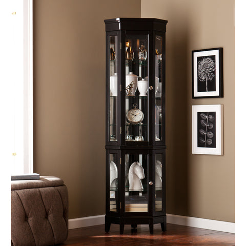 Image of Space saving, lighted corner design curio with mirrored back Image 1