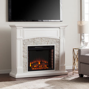 Seneca Electric Media Fireplace - White w/ White Faux Stone