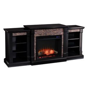 Low profile bookcase fireplace w/ faux stone surround Image 4