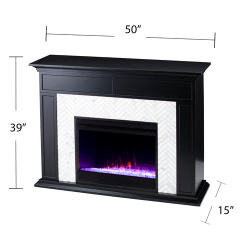 Image of Fireplace mantel w/ authentic marble surround in eye-catching herringbone layout Image 9