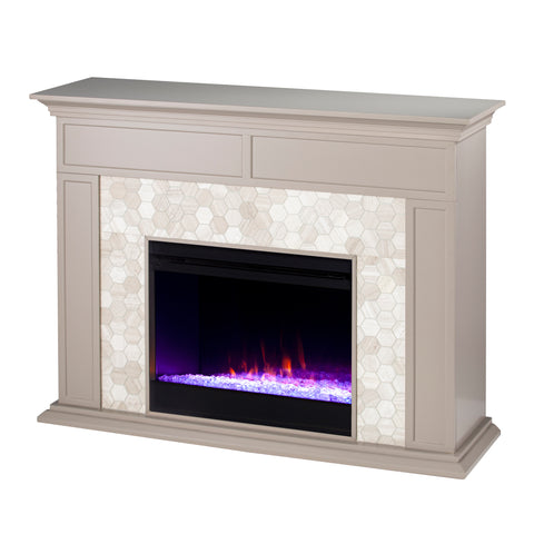 Image of Fireplace mantel w/ authentic marble surround in eye-catching hexagon layout Image 6