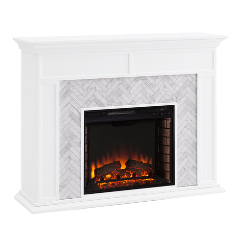 Image of Fireplace mantel w/ authentic marble surround in eye-catching herringbone layout Image 3