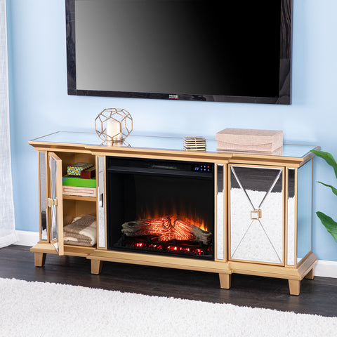 Image of Mirrored media fireplace with storage cabinets Image 5