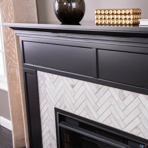 Image of Fireplace mantel w/ authentic marble surround in eye-catching herringbone layout Image 10