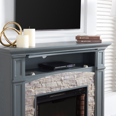 Image of Seneca Electric Media Fireplace – Gray w/Weathered Stacked Stone