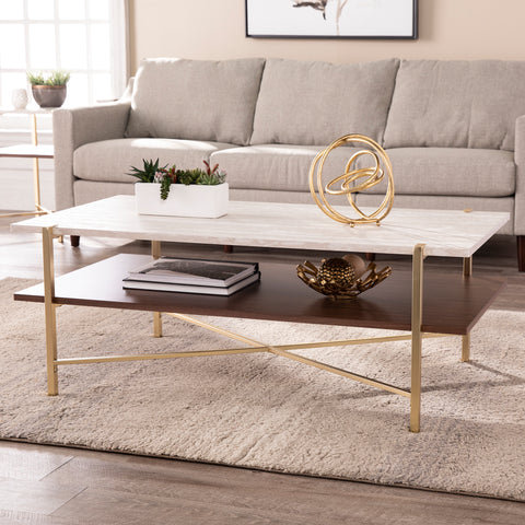 Image of Two-tier coffee table w/ faux travertine marble top Image 1