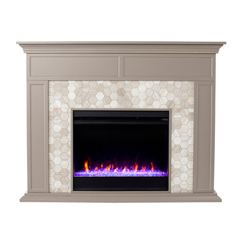 Image of Fireplace mantel w/ authentic marble surround in eye-catching hexagon layout Image 5