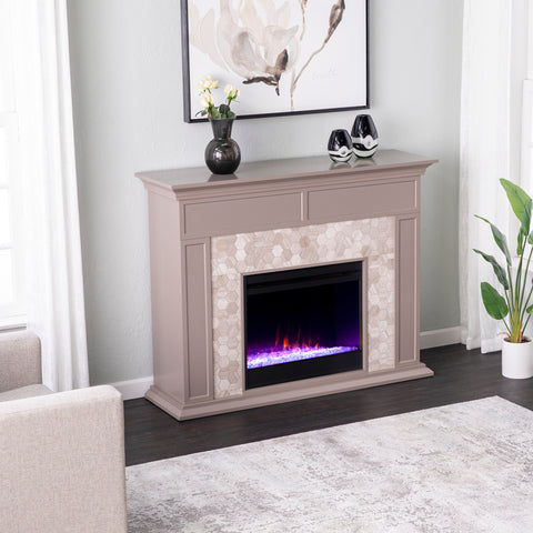 Image of Fireplace mantel w/ authentic marble surround in eye-catching hexagon layout Image 4