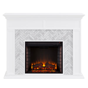 Fireplace mantel w/ authentic marble surround in eye-catching herringbone layout Image 2