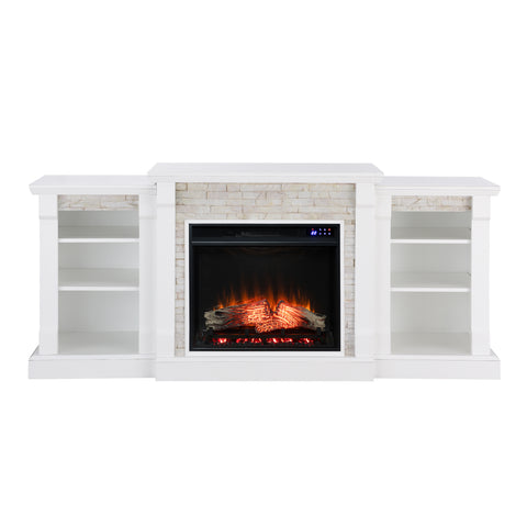 Image of Low profile bookcase fireplace w/ faux stone surround Image 3