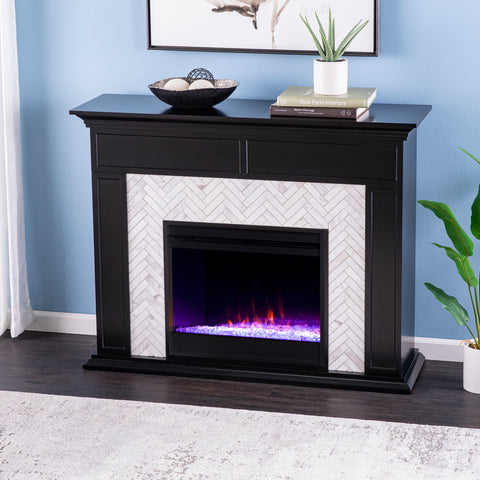 Image of Fireplace mantel w/ authentic marble surround in eye-catching herringbone layout Image 3