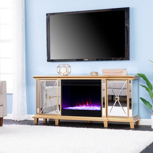 Mirrored media fireplace with storage cabinets and color changing firebox Image 1