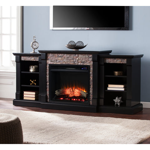 Image of Low profile bookcase fireplace w/ faux stone surround Image 2