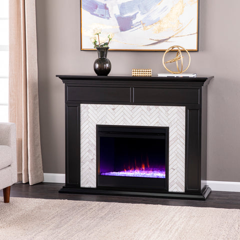 Image of Fireplace mantel w/ authentic marble surround in eye-catching herringbone layout Image 10