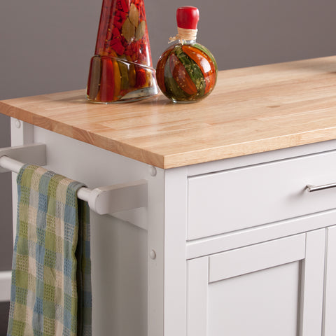 Image of Features butcher block, 1 drawer, 1 double-door cabinet with fixed shelf, 3 open fixed shelves, and 1 towel rack Image 2